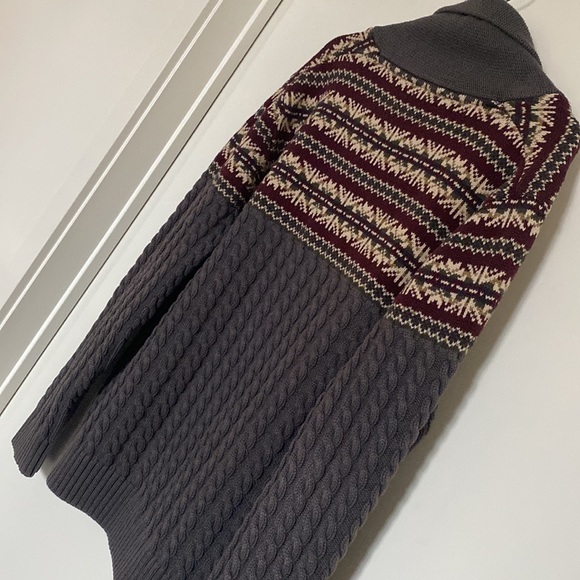 Daniel Hechter Grandpa Cardigan Men L Grey Red Cable Knit FairIsles Shawl Collar - Picture 8 of 15